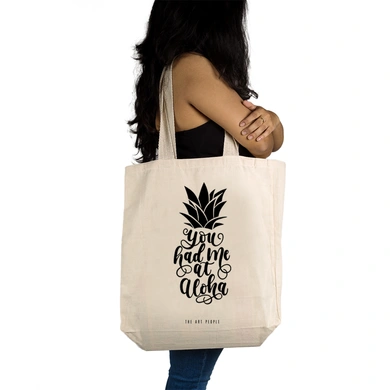 You had Me At Aloha Tote- Cotton Canvas, Size - 15 x 15 x 4 Inches(LxBxH)-Off White-2