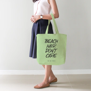 Beach Hair Don't Care Green Tote Bag (Cotton Canvas, 39 x 37 cm)-1