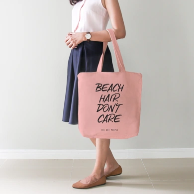Beach Hair Don't Care Pink Tote Bag (Cotton Canvas, 39 x 37 cm)-Pink-1