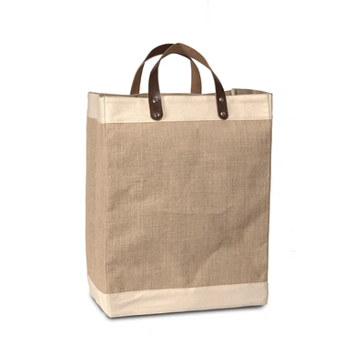 Burlap Bag with Leather handle - Large (Size - 18 x 12 x 8 Inches)-BJBC000