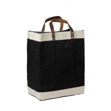 Burlap Bag with Leather handle - Large (Size - 18 x 12 x 8 Inches)-BJBL000