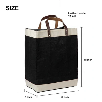 Burlap Bag with Leather handle - Large (Size - 18 x 12 x 8 Inches)-Jute-Black-18 x 12 x 8 (Inches)-1