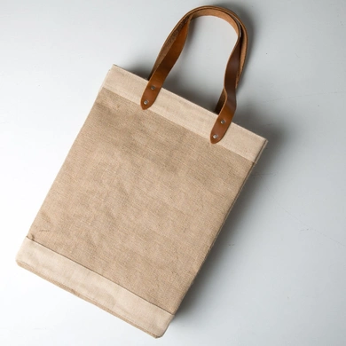 Burlap Bag with Leather handle - Large (Size - 18 x 12 x 8 Inches)-Jute-Cream-18 X 12 X 8 (Inches)-3