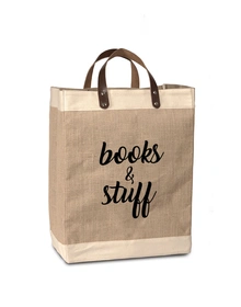 Burlap Bag (BOOKS & STUFF) with Leather handle - Large (Size - 18 x 12 x 8 Inches)