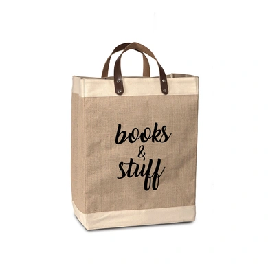 Burlap Bag (BOOKS &amp; STUFF) with Leather handle - Large (Size - 18 x 12 x 8 Inches)-BJC018