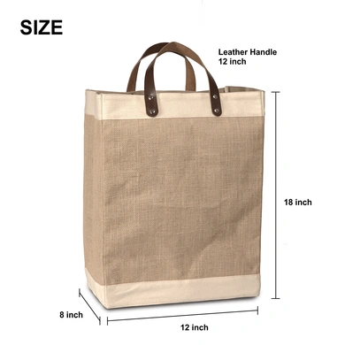 Burlap Bag (ESCAPE) with Leather handle - Large (Size - 18 x 12 x 8 Inches)-Beige-Large-18x12x8 (Inches)-Leather double handle-2