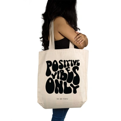Positive Vibes Only Tote Bag (Off White)- Cotton Canvas -Size (15x15x4  Inches)-Off White-15x15x4 Inches-Cotton Canvas-1