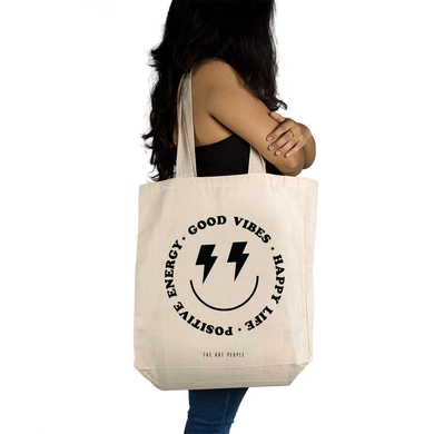 Good Vibes Tote Bag  Only Tote (Off White)- Cotton Canvas -Size (15x15x4  Inches)-Off White-15x15x4 Inches-Cotton Canvas-1