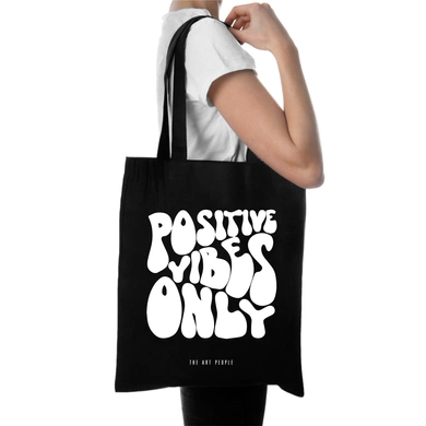 Positive Vibes Only Tote (Black)- Cotton Canvas -Size (16x14x4  Inches)-Black-16x14x4 Inches-Cotton Canvas-1