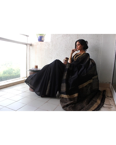 Black Temple Design Cotton  Saree-Black-Cotton-Formal / Casual Wear-2