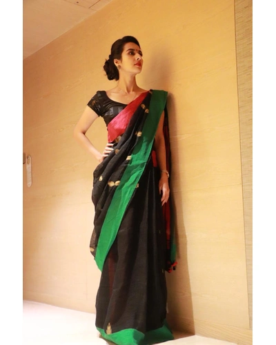 Black Linen Saree with Red Pallu-Black-Linen-Formal / Casual Wear-1