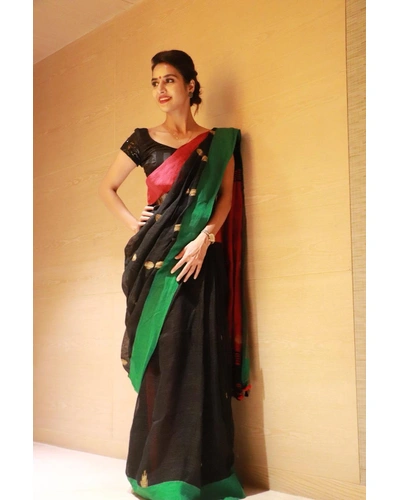 Black Linen Saree with Red Pallu-Black-Linen-Formal / Casual Wear-2