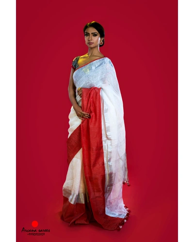 Red and White Linen Saree-201913