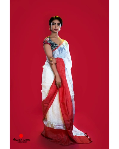 Red and White Linen Saree-White And Red-Linen-Formal / Casual Wear-1