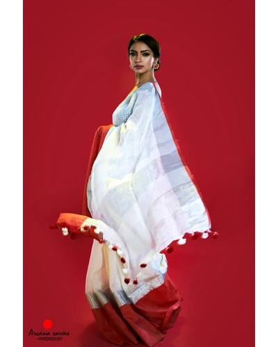 Red and White Linen Saree-White And Red-Linen-Formal / Casual Wear-2
