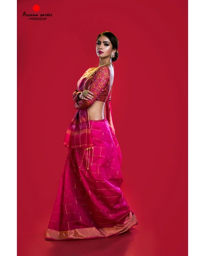 Lovely Pink Saree with Bricks Pattern-Pink-Cotton Silk-Party / Casual Wear-1