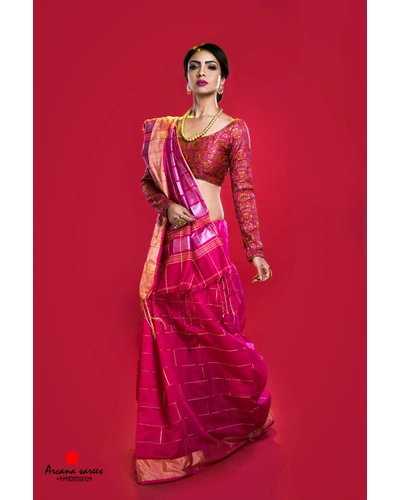 Lovely Pink Saree with Bricks Pattern-Pink-Cotton Silk-Party / Casual Wear-2