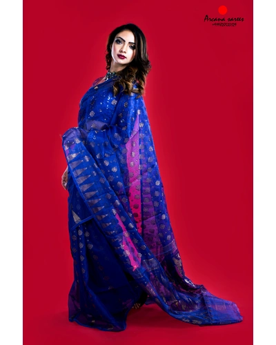 Blue Jamdani with Copper Zari-Blue-Muslin Silk-Party / Casual Wear-2