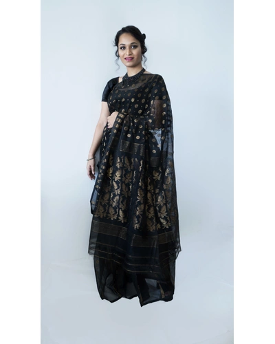 Black &amp; Copper Jamdani Saree-Black  -Muslin Silk-Casual / Party Wear-1