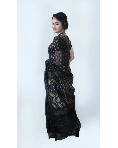 Black &amp; Copper Jamdani Saree-Black  -Muslin Silk-Casual / Party Wear-2