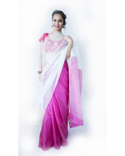 White and Pink Matka Silk Saree-Pink and White-Matka Silk-Casual / Party Wear-1