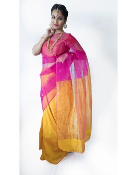 Golden Yellow and Pink Matka Silk Saree