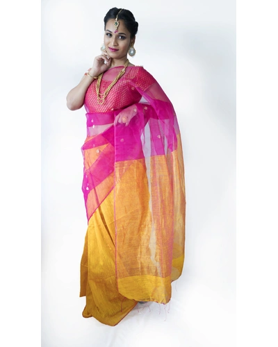 Golden Yellow and Pink Matka Silk Saree-201929