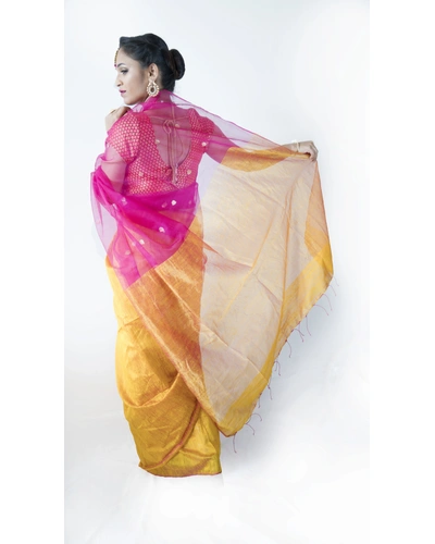 Golden Yellow and Pink Matka Silk Saree-Golden Yellow and Pink-Matka Silk-Casual / Party Wear-2