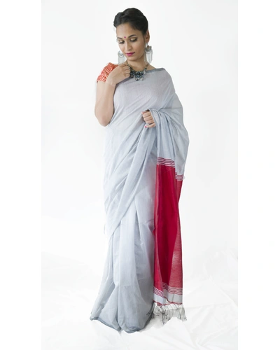 Light Grey Saree with Red Pallu-Light Grey and Red-Cotton-Formal / Casual Wear-1