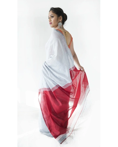 Light Grey Saree with Red Pallu-Light Grey and Red-Cotton-Formal / Casual Wear-2