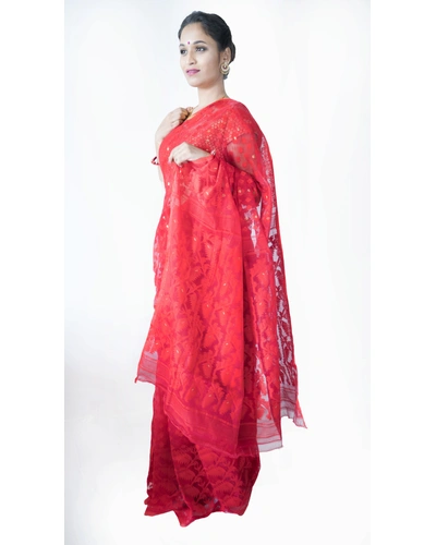 Red Cotton Dhakai Jamdani-Red-Muslin Cotton-Party / Casual Wear-1
