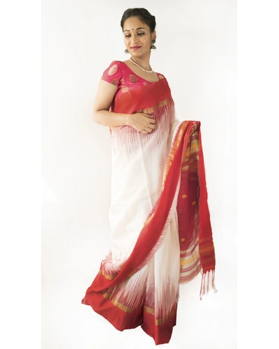 Lal Paar Saree-White and Red-Cotton Silk -Party / Traditional Wear-2