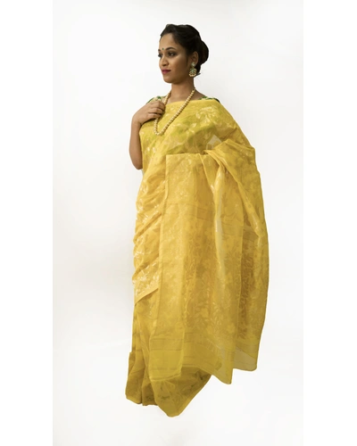 Yellow Muslin Silk Saree-Yellow -Muslin Silk -Party / Casual Wear-1