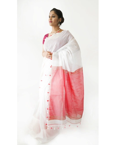 White and Red Half and Half Cotton Saree-201938