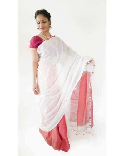 White and Red Half and Half Cotton Saree-White and Red-Cotton-Formal / Casual Wear-1