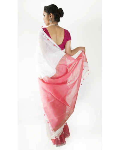 White and Red Half and Half Cotton Saree-White and Red-Cotton-Formal / Casual Wear-2
