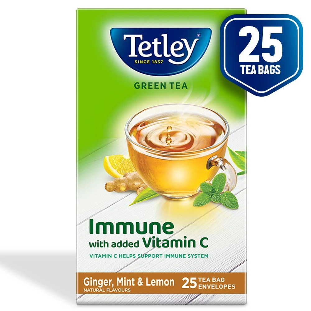 Tetley Green Tea Immune, With Added Vitamin C, Ginger, Mint &amp; Lemon, 25 Tea Bags, 1.4gx25-1