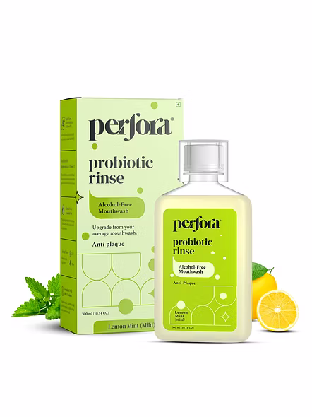 Perfora Lemon Mint Mouthwash | Vitamin C Mouth Freshener For Dental Hygiene & Fresh Breath | No Artificial Flavors & Colors | Alcohol Free Mouth Wash for Men Women & Kids | Fights Germs | Pack of 1 (300ml)