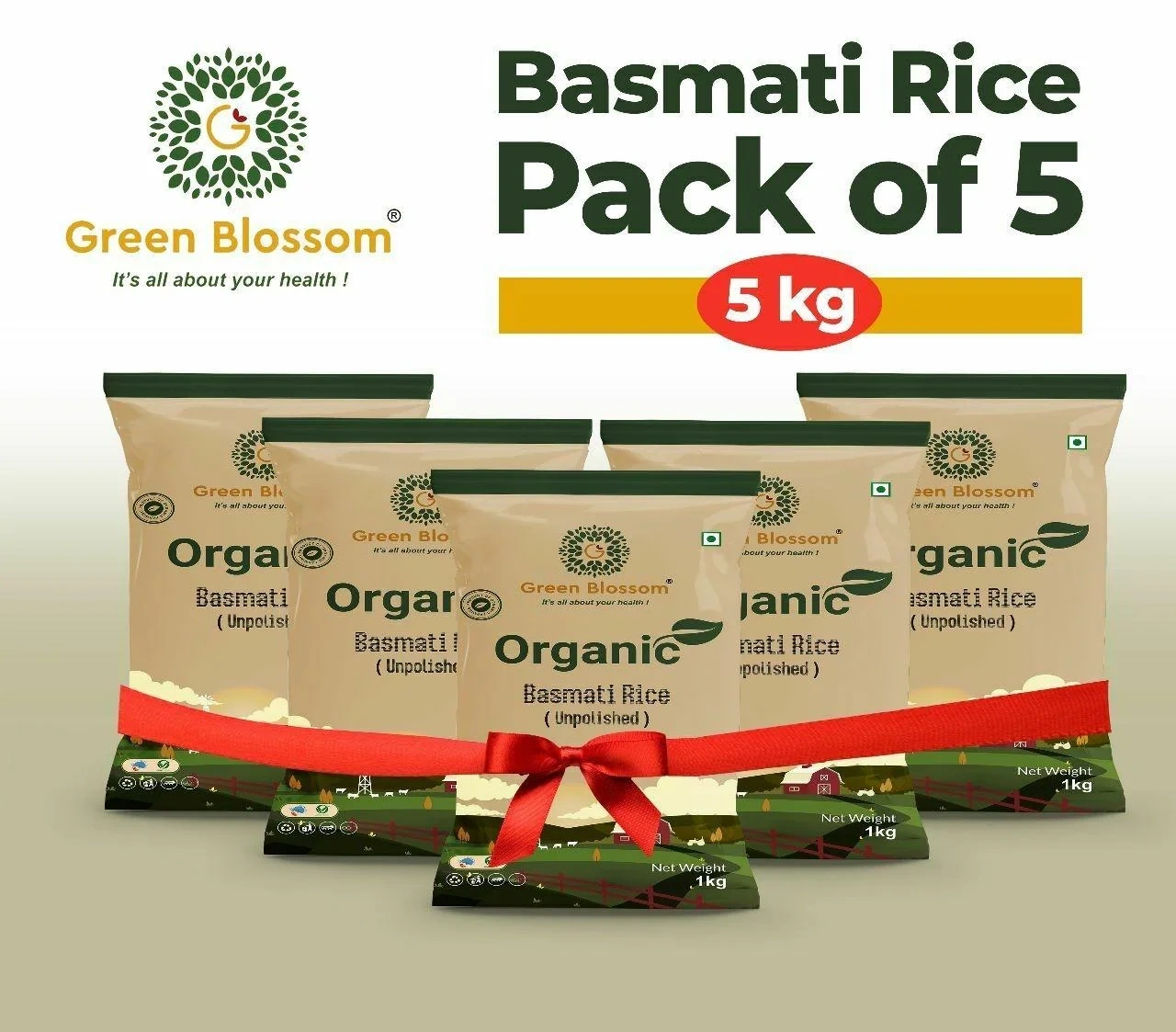 Green Blossom Organic Basmati Rice White - 5 Kg (1 Kg, Pack of 5)