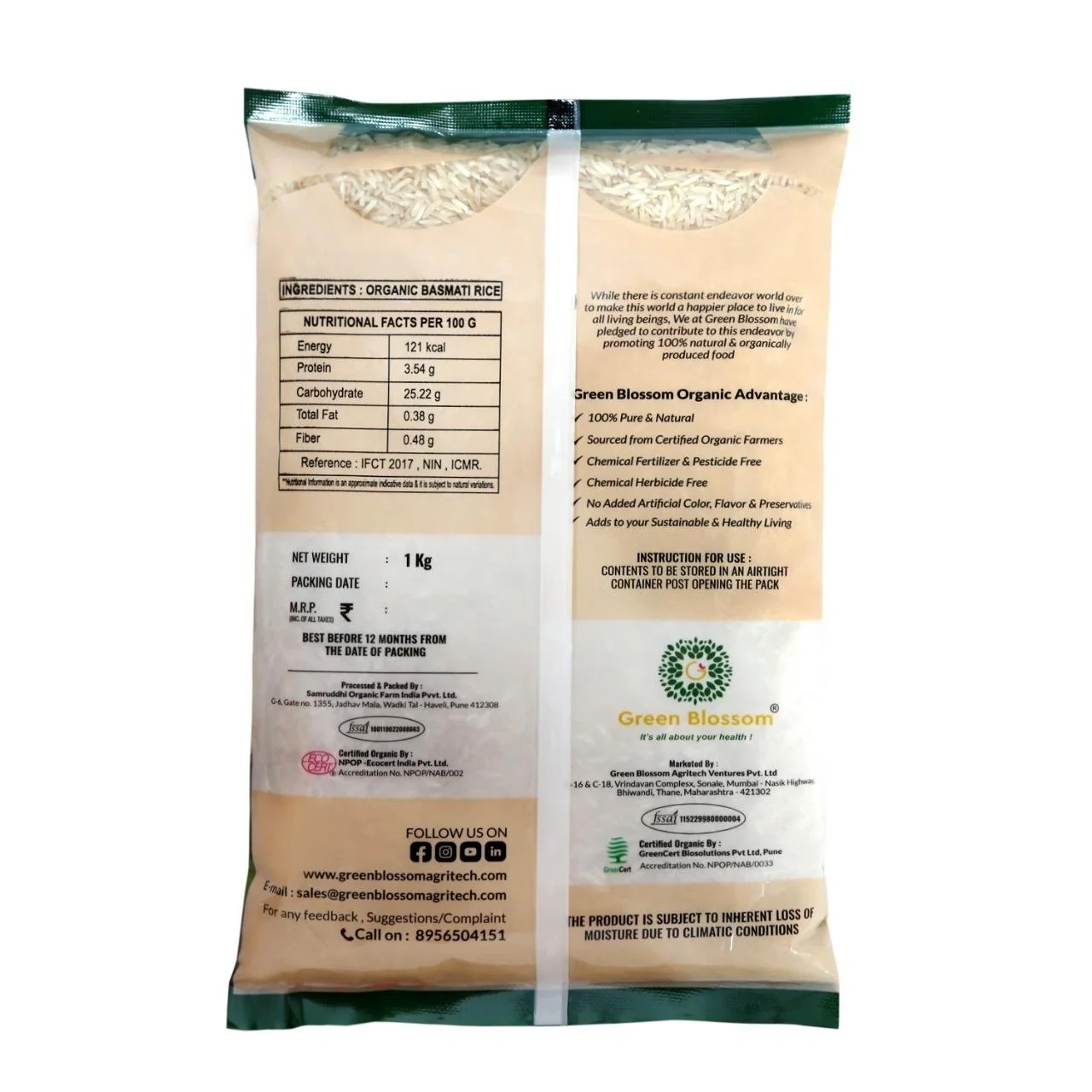 Green Blossom Organic Basmati Rice White - 1 Kg