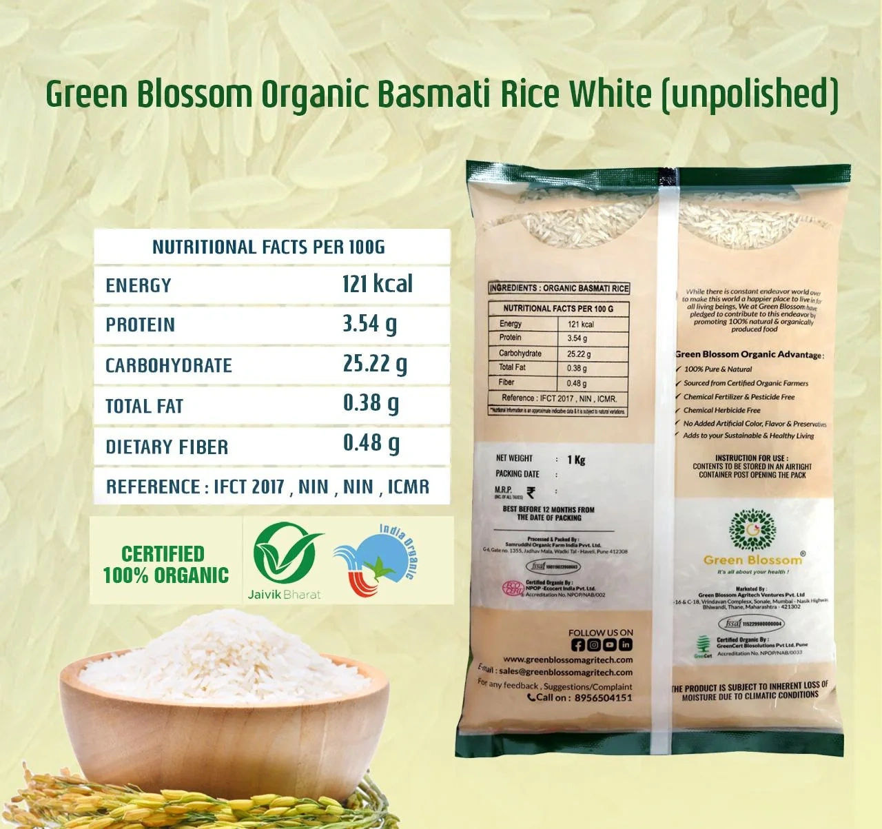 Green Blossom Organic Basmati Rice White - 10 Kg ( Pack of 10 , 1 Kg, Unpolished)