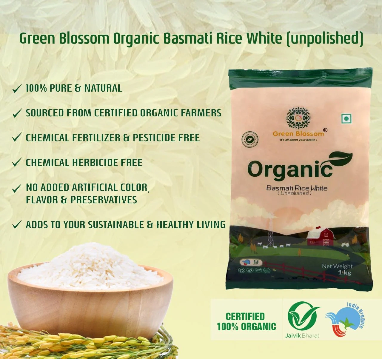 Green Blossom Organic Basmati Rice White - 10 Kg ( Pack of 10 , 1 Kg, Unpolished)