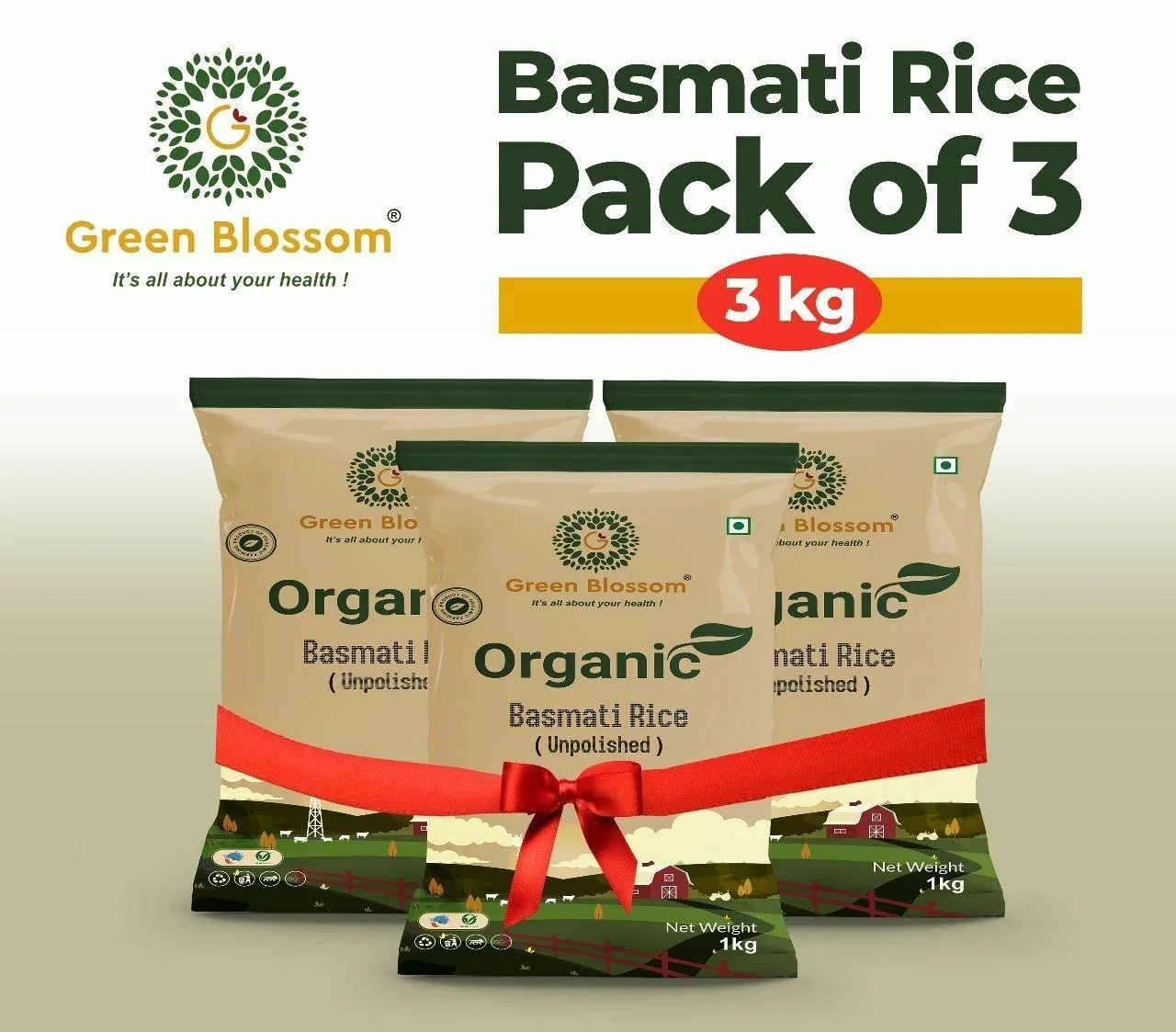 Green Blossom Organic Basmati Rice White - 3 Kg (1 Kg, Pack of 3)