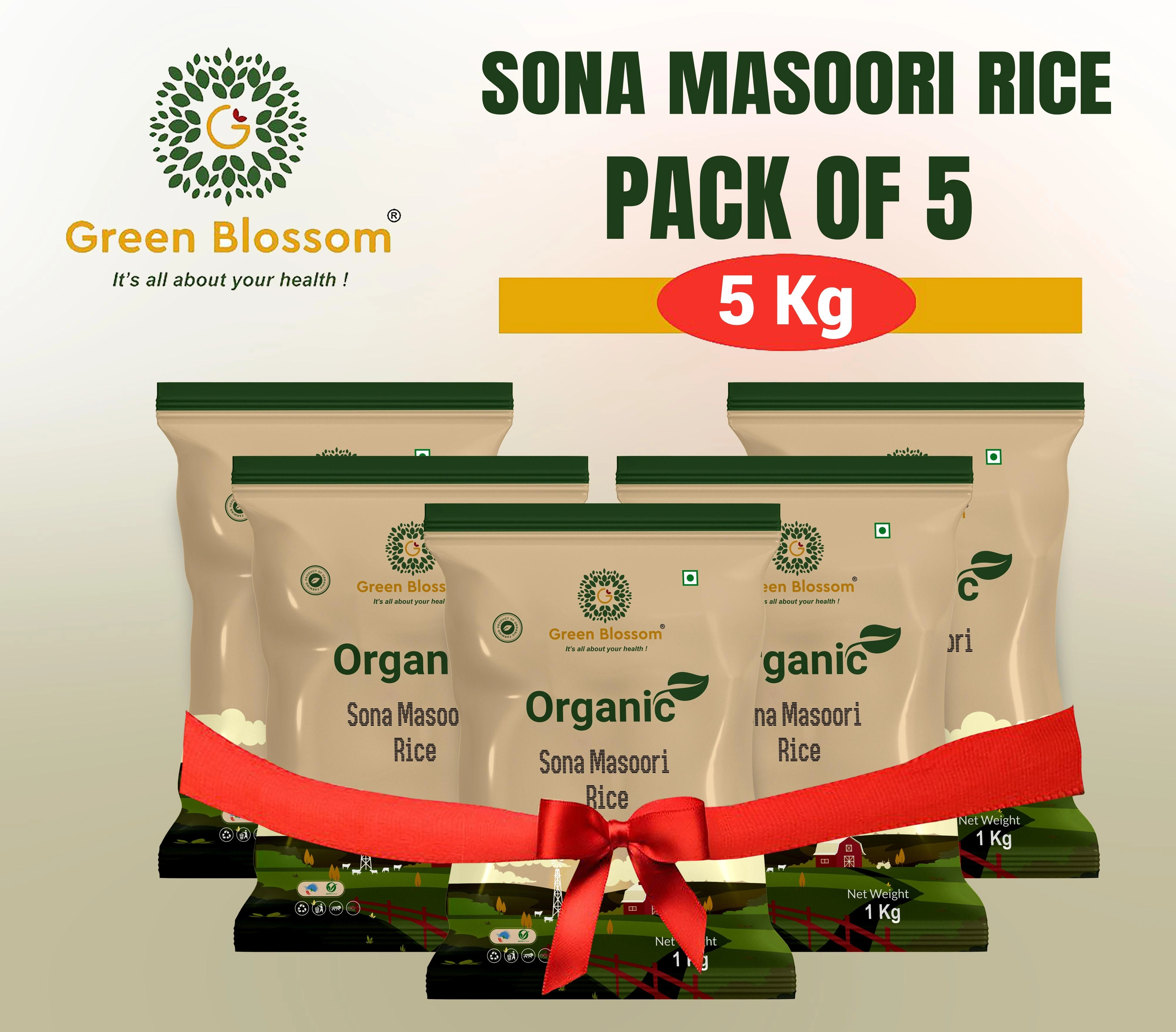 Green Blossom Organic Sona Masoori Rice (White) - 5 Kg (1 Kg, Pack of 5)