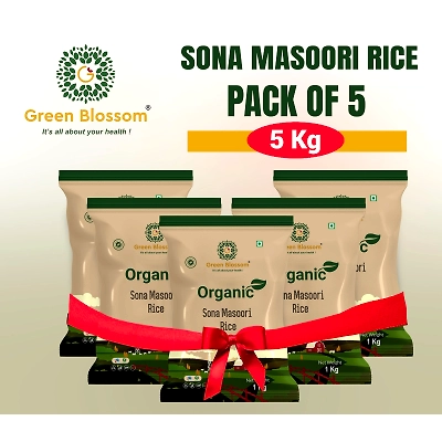 Green Blossom Organic Sona Masoori Rice (White) - 5 Kg (1 Kg, Pack of 5)