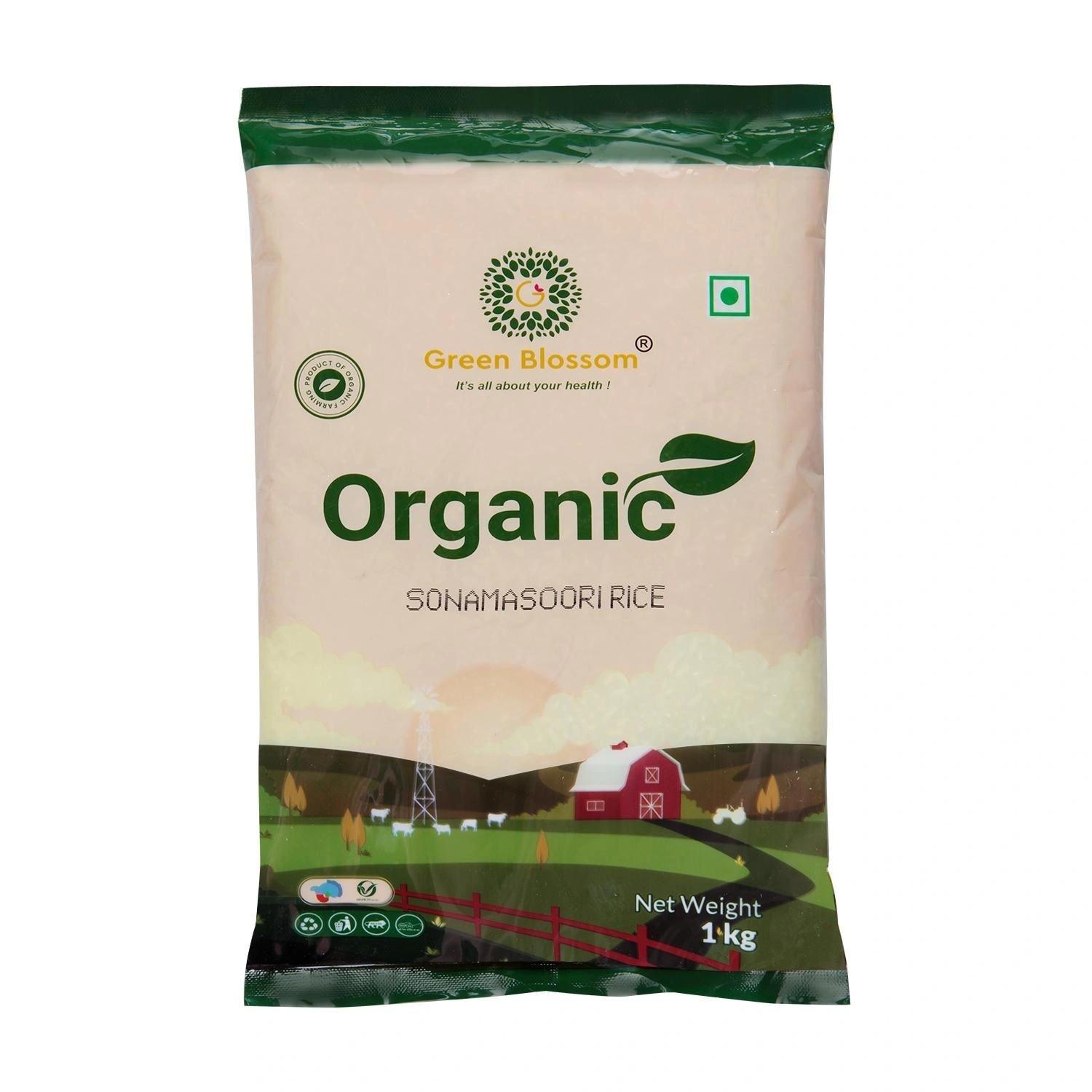 Green Blossom Organic Sona Masoori Rice (White) - 5 Kg (1 Kg, Pack of 5)