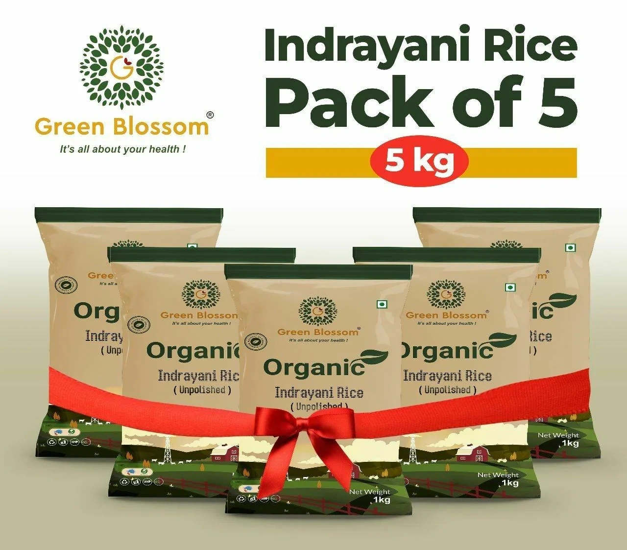 Green Blossom Organic Indrayani Rice (White) - 5 Kg (1 Kg, Pack of 5)