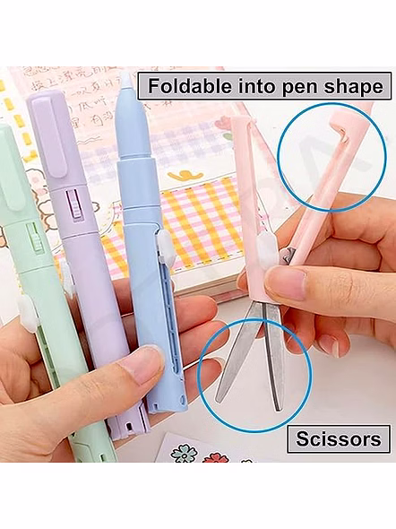 Mini Folding Scissor 2 in 1 Pen Cutter, Portable Size Safe Ceramic Pencutter for DIY, School, college, Office, Project | (Multicolor - Pack of 1)