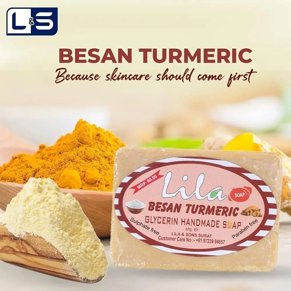 L&amp;S Lila Handmade Besan Turmeric Soap with Glycerin, Sulphate and Paraben and Dyes Free (Pack of 4, 100 Grams)-2