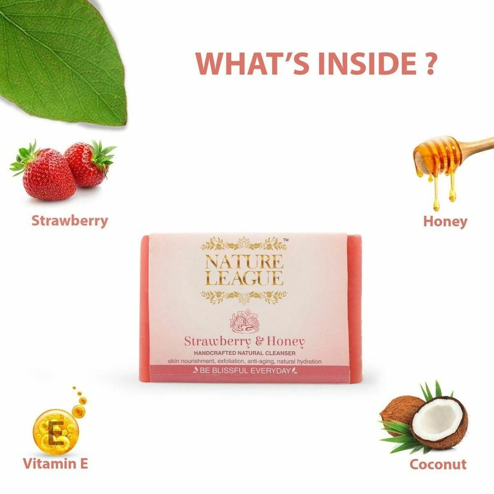 NATURE LEAGUE No Sulphate, Paraben, Animal Cruelty Free | STRAWBERRY &amp; HONEY Natural Handmade Soap (Pack of 2, 2X100 grams)-1